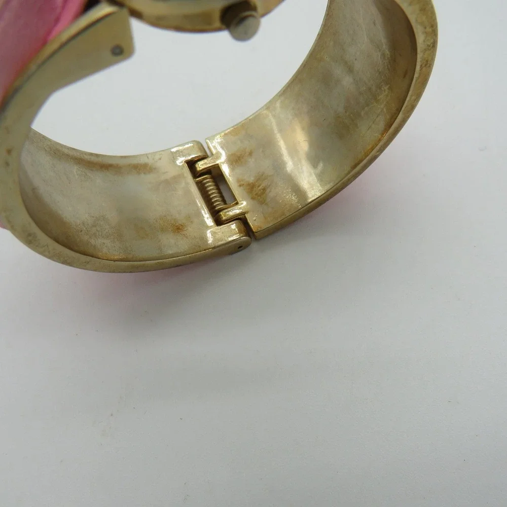 Sanrio Hello Kitty Rhinestone Flip Top Bangle Watch Pink Rosette Gold Tone Y2K